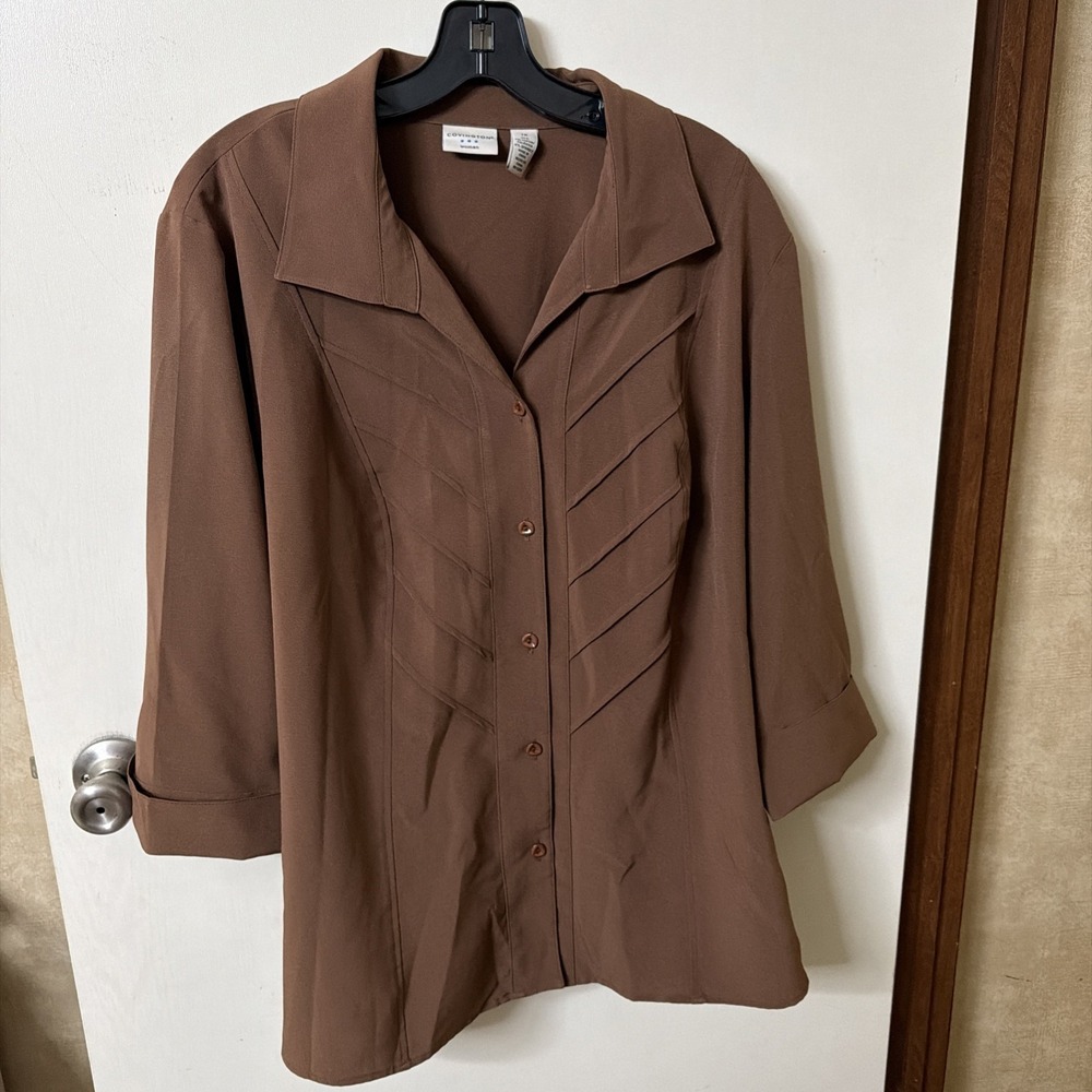 Covington Blouse Womens 1X Plus Size Brown Pleated 3/4 Sleeve Button Down